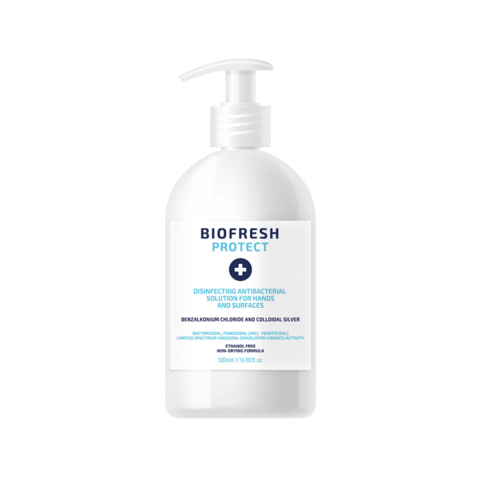 Čistiaci Dezinfekčný Antibakteriálny roztok na ruky a povrchy bez etanolu so striebornou vodou Biofresh 500 ml